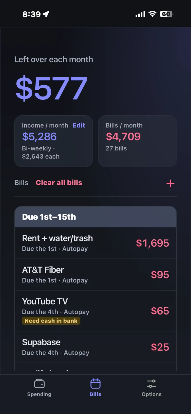 Monthly bills screen