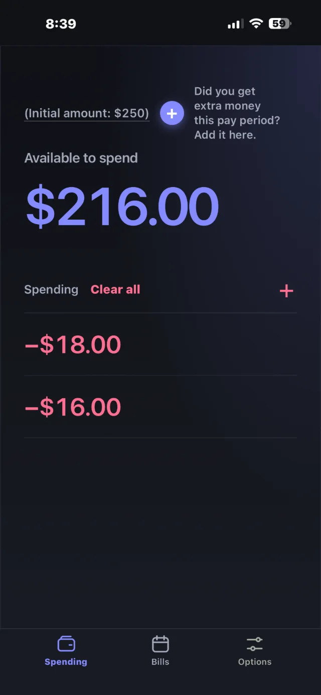 Spending money screen